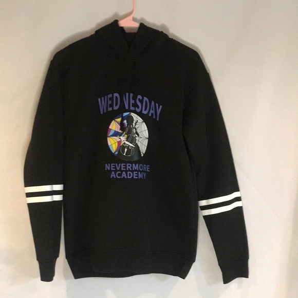 Wednesday Addams Nevermore Academy unisex black popover hooded sweatshirt Sz M - Picture 1 of 13